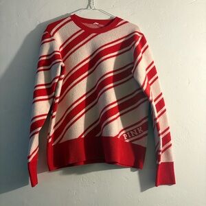 PINK Victoria’s Secret Sweater Red Cream Striped Crewneck Cozy Knit Size XS S